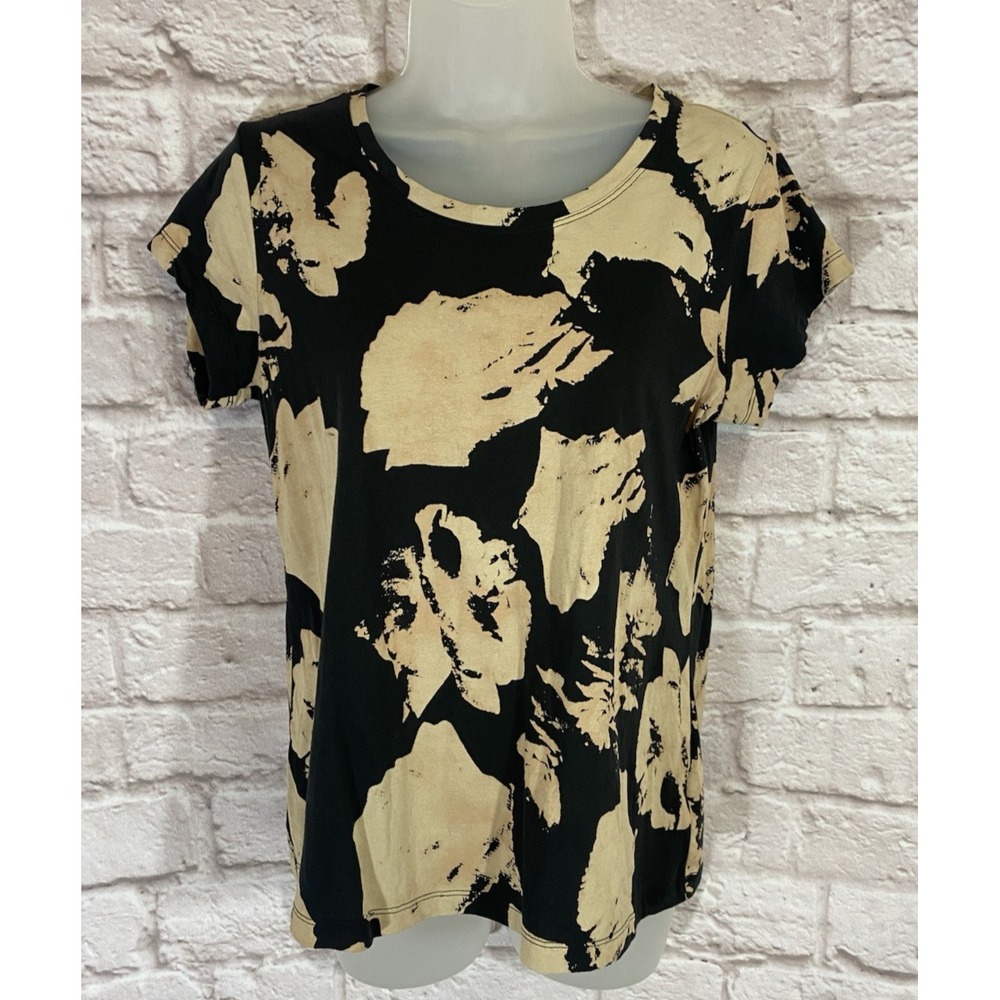 Cabi Fall Flash Tee T Shirt S #4373 Cap Sleeve‎ Floral Cotton Casual Brown Black